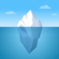 Iceberg floating in ocean illustration. Huge white block of ice drifts along blue current with massive underwater part