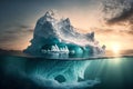 An Iceberg floating in the ocean with a view of its submerged portion beneath the waterline. Created with Generative AI