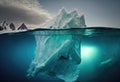 An Iceberg floating in the ocean with a view of its submerged portion beneath the waterline. Created with Generative AI