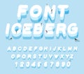 Iceberg font. 3D letters of ice. Ice alphabet letter. ABC of snow. Large cold ice. Penguins Animals of the Arctic. Animals