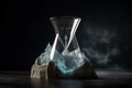 Iceberg glacier melting in a glass clock with a drop and a desert Global warming Drying up rivers and lakes. Generative AI