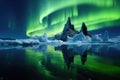 iceberg landscape, set against a backdrop of northern lights