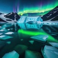 An iceberg landscape with water reflection the aurora borealis in the sky created with