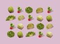 Iceberg, lettuce, cabbage and red radishes on a pastel pink background. Creative pattern. Fresh food concept Royalty Free Stock Photo