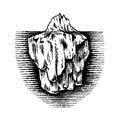 Iceberg in the ocean. A large piece of glacier floating in northern water. Engraved hand drawn vintage sketch for emblem