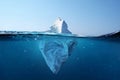 Iceberg - plastic bag with a view under the water. Pollution of the oceans. Plastic bag environment pollution with iceberg. Royalty Free Stock Photo