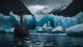 iceberg in polar regions A scary boat sailing near a glacier with storms, rocks,