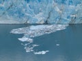 Iceberg. The Wall of Blue Ice. Small Pieces of Ice Floating on Surface of the Water.