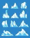 Icebergs. Cartoon floating iceberg vector set. Ocean ice rocks landscape for climate and environment protection concept