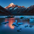 Icebergs from Hooker Glacier float in front of Mount Cook, the tallest mountain in New Zealand. Beautiful landscape