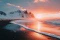 Icebergs on Iceland\'s black sand beach under a colorful sunrise, with snow-capped mountains backdrop