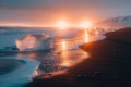 Icebergs on Iceland\'s black sand beach under a colorful sunrise, with snow-capped mountains backdrop