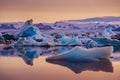 Icebergs in Jokulsarlon glacier lagoon. Vatnajokull National Park, Iceland Summer.Midnight Sun. Royalty Free Stock Photo