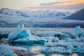 Icebergs in Jokulsarlon glacier lagoon. Vatnajokull National Park, Iceland Summer.Midnight Sun