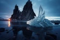 Icebergs in Jokulsarlon lagoon, Iceland, minimalist photography, ice ruins, intricate, night, high resolution, 8K ultra HD, AI