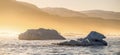 Icebergs at Sunset. Disko Bay, Western Greenland. Misty morning