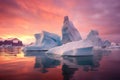 Icebergs at sunset in Jokulsarlon, Iceland, Early morning summer alpenglow lighting up icebergs during midnight season, AI