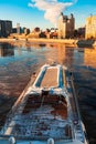 Icebreak boat sunset dramatic sky on Moscow Royalty Free Stock Photo