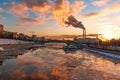 Icebreak sunset dramatic cloudy sky on Moscow river Royalty Free Stock Photo