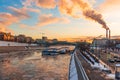 Icebreak sunset dramatic sky on Moscow river and boats Royalty Free Stock Photo