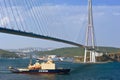 Icebreaker Kapitan Khlebnikov is moving under the bridge. Eastern Bosphorus Strait. East (Japan) Sea. 22.05.2015 Royalty Free Stock Photo