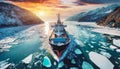 Icebreaker Ship and a Beautiful Sunset Over the Frozen Bay - Generative Ai