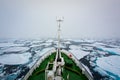 Icebreaker ship crushes ice floes north of Norway on foggy day