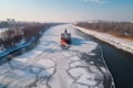 icebreaker ship cuts through frozen river, breaking path for other ships