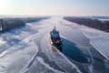 icebreaker ship cuts through frozen river, breaking path for other ships