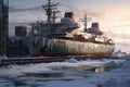 icebreaker ship frozen near a deserted station