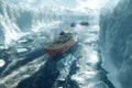 Icebreaker ships navigate through glacial waters, surrounded by towering ice cliffs under a bright Arctic sun, AI Generated