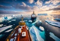 Icebreaker ships sailing in the northern icy sea