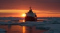 Icebreaking vessel in Arctic with background of sunset, generative ai Royalty Free Stock Photo