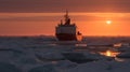 Icebreaking vessel in Arctic with background of sunset, generative ai Royalty Free Stock Photo