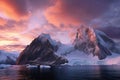 Icecaps in the Antarctica with iceberg in the ocean swimming around and melting in the sea