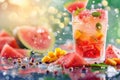 Icecold summer drink, watermelon pieces, mango grains, red and mung beans, soft light, product perfection , Prime Lenses