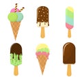 A set of vector illustrations of a variety of ice cream on a stick and in a waffle cone