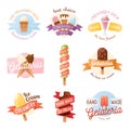 Icecream badges ribbons food sticky, chocolate cold retro dessert vector illustration.