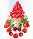 Icecream with cherry, strawberry, raspberry