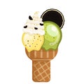 Icecream cho chip green tea cream scoops waffle cone. Vector illustration