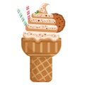 Icecream chocolate cookie scoops waffle cone. on white background. Vector illustration.