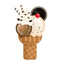 Icecream coffee cookie cream scoops waffle cone. on white background. Vector illustration