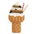 Icecream coffee cookie cream scoops waffle cone. on white background. Vector illustration.
