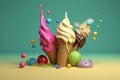 Icecream cones melting in the summer. Studio setup. Generative AI