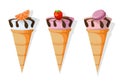 Icecream cones set delicious icon flat style. Vector sweet illustration
