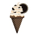 Icecream cookie cream scoops waffle cone. on white background. Vector illustration.