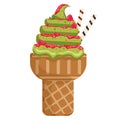 Icecream green tea raspberry scoops waffle cone. on white background. Vector illustration.
