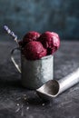 Icecream made of frozen banana and blueberry. Vegan gelato. Tasty vegetarion concept/ Royalty Free Stock Photo