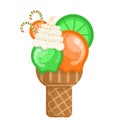 Icecream orange lemon cream scoops waffle cone. Vector illustration Royalty Free Stock Photo