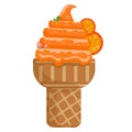 Icecream orange scoops waffle cone. on white background. Vector illustration.